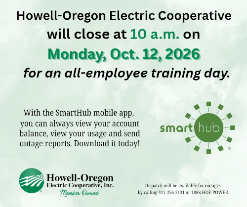 Howell-Oregon Electric Cooperative will close at 10 a.m. on Monday, Oct. 12, 2026 for an all-employee training day.
